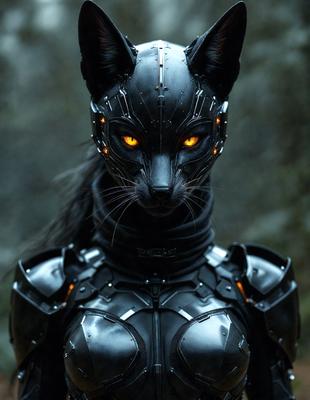 The primary subject of the image is a cat wearing a futuristic, metallic mask. The cat is the main focus of the image, and it appears to be a digital art or illustration. The setting is a dark environment, possibly a forest, with a rocky background. The overall atmosphere is mysterious and intriguing, as the cat's mask gives it a unique and otherworldly appearance.